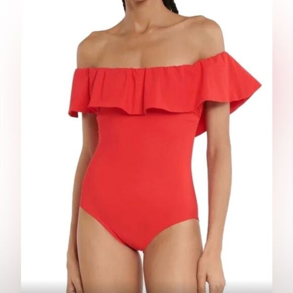 EXPRESS Red Orange Ribbed Ruffle Off The Shoulder Thong Bodysuit - Picture 1 of 8